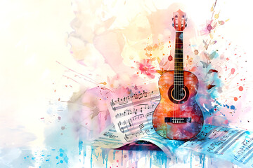 watercolor guitar and notes sheet, style of grunge, musical instrument concept, music concert lover background, card frame with copy space.