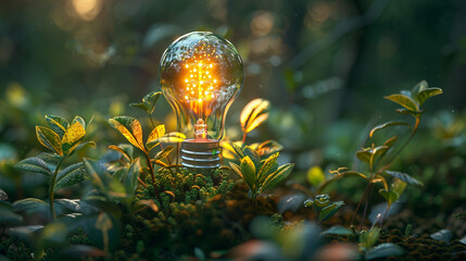 Nature illustration, green energy light bulb on the grass. Unusual picture.