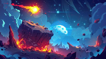 Animated fantasy science fiction background with exploding glowing moon or satellite over rock cliff with dark starry background. Cartoon fantasy background.