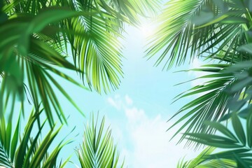 Sunlight filtering through tropical palm tree leaves, ideal for travel and nature concepts
