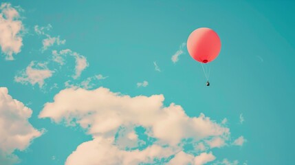 Obraz premium A red hot air balloon is floating in the sky above a blue and white sky
