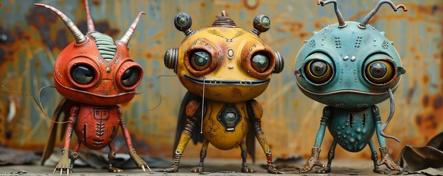 Three retro science fiction monster alien characters with cheesy costumes