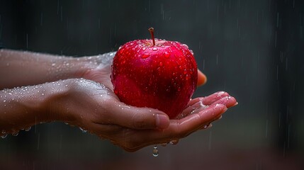 A hand holding a red apple in the rain.