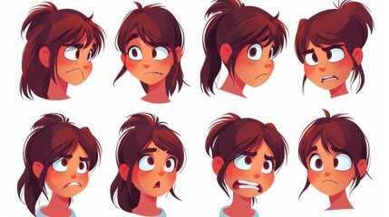 Various emotions of girl isolated on white background. Modern cartoon set of happy, cry, shy, angry, skeptic and surprised girl faces. - obrazy, fototapety, plakaty