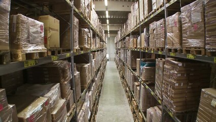 Warehouse interior showing long rows of shelves packed with palletized goods, tilting downward for full aisle view - Powered by Adobe