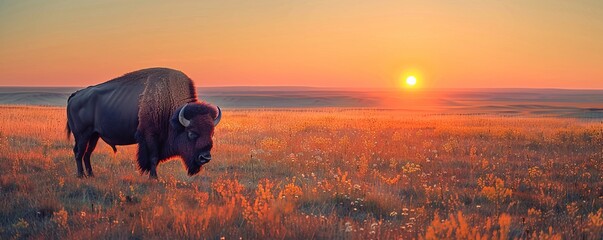 American bison grazing on grassy field against clear sky during sunset