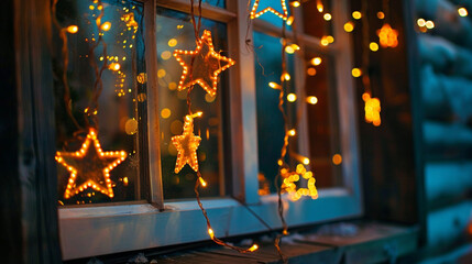 Window Illuminated With Christmas Lights and Stars