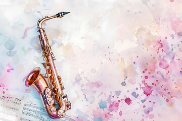 Naklejka premium watercolor saxophone and notes sheet, style of grunge, musical instrument concept, music concert lover background, card frame with copy space