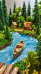 Obraz premium A small wooden boat is floating down a river in a forest