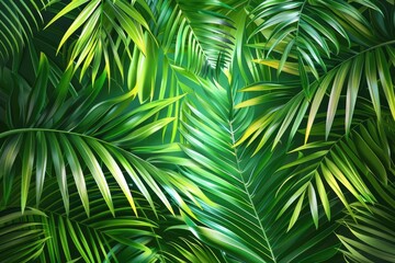 Vibrant green palm leaves against a dark black backdrop. Ideal for tropical themed designs