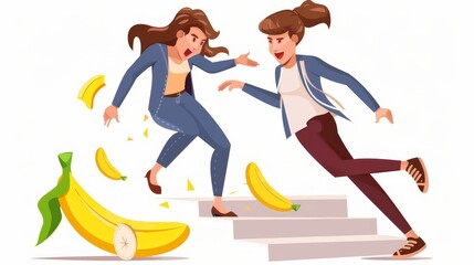 A flat modern illustration of falling people, clumsy males and females who fall down stairs, stumble, slip on banana peels. To symbolize accident, injury, danger, risk, bad luck, misfortune, bad - obrazy, fototapety, plakaty