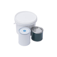 Set of paint buckets and varnish tins