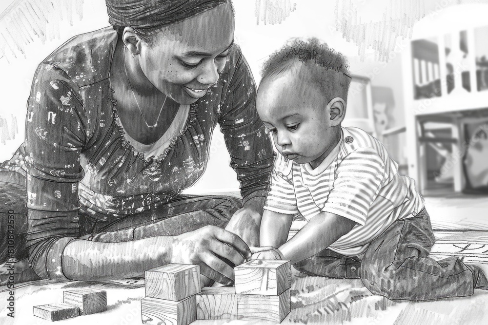 Poster a woman and a child playing with colorful blocks. suitable for educational concepts