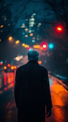 The back of a middle-aged man on the roadside at night