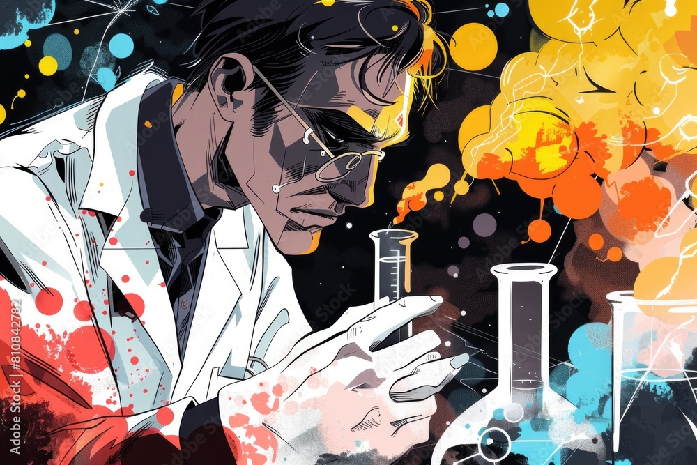 Poster A man in a lab coat carefully inspecting a beaker. Suitable for science and research concepts