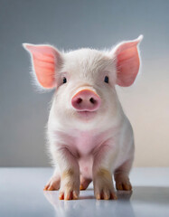Cute baby pig sitting on white studio background; young piglet; funny curious animal 