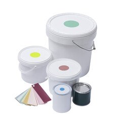 Set of paint buckets and varnish tins