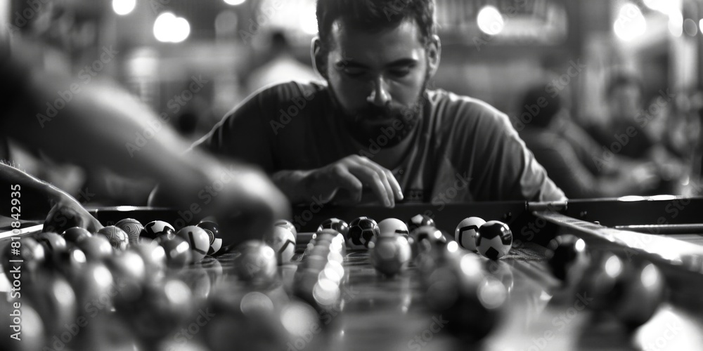 Poster black and white image of a man playing chess, suitable for strategy and intelligence concepts