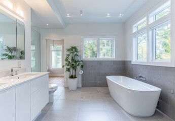 A large white wall in the center of an empty modern bathroom with gray tiles
