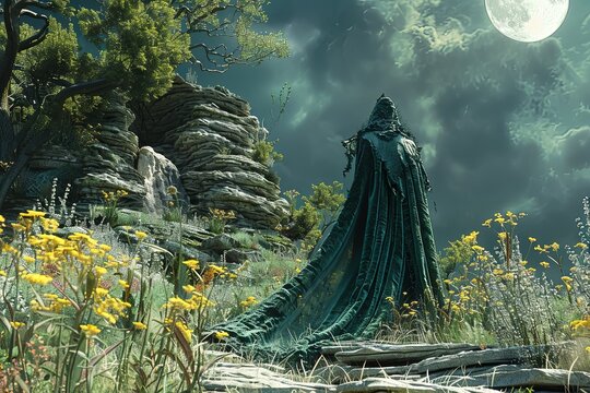 Enchanting Librarian Creature: Moonlit Spell in Green Cloak Digital Painting