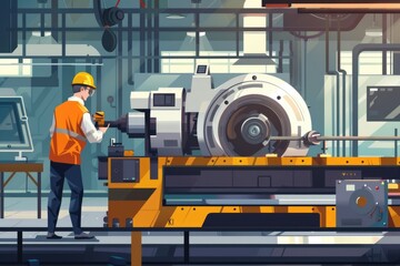 A man in an orange vest working on a machine. Suitable for industrial concepts