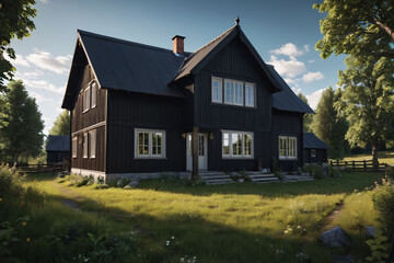 Charming Farmhouse with Covered Porch. A charming farmhouse with a large covered porch, surrounded by lush green trees. 