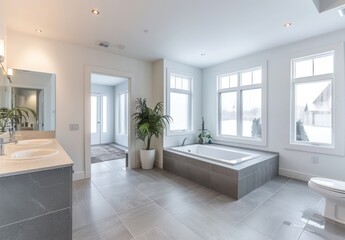 A large white wall in the center of an empty modern bathroom with gray tiles