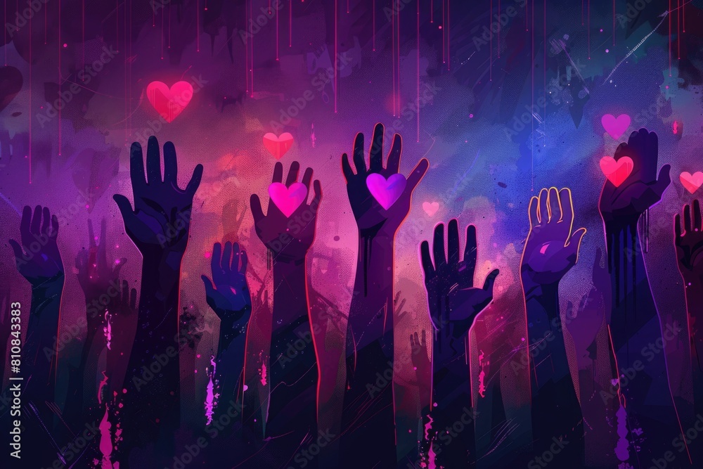 Poster a group of people raising their hands in the air. ideal for concepts of teamwork and success