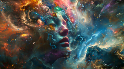 A colorful, abstract painting of a face in space