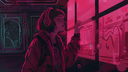 Fototapeta premium Lofi Girl studying at her desk. beautiful chill, atmospheric wallpaper. 4K background. lo-fi, hip-hop style. Anime manga style.