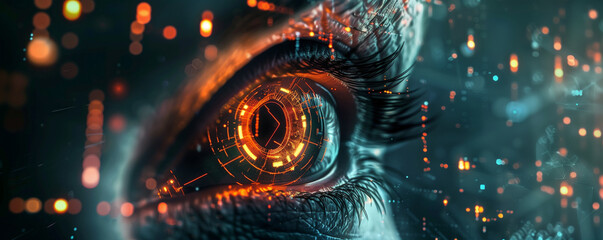 AI robot eye in dark tech space, cyborg vision on digital background, generated ai