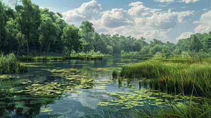 A serene and peaceful scene of a river with green grass and trees surrounding it