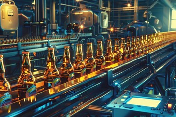 Line of beer bottles on a conveyor belt, suitable for industrial and manufacturing themes