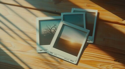 Three polaroid pictures arranged neatly on a wooden table, suitable for various design projects