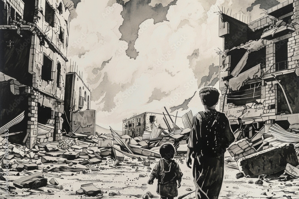 Poster illustration of a man and child navigating through a post-apocalyptic urban landscape. suitable for 
