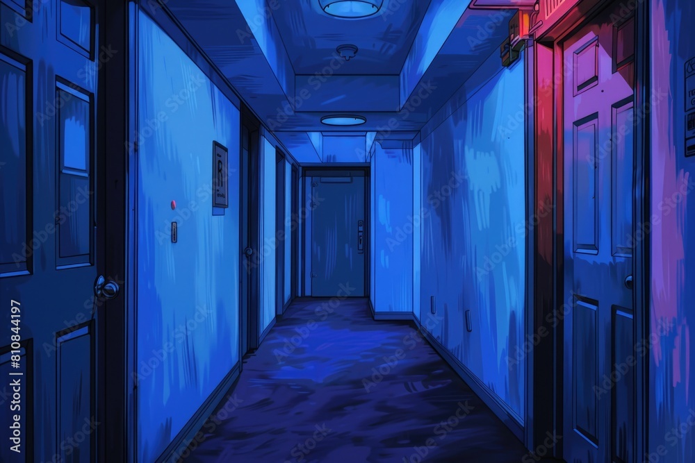 Poster a painting of a long hallway with a clock on the wall. suitable for interior design concepts