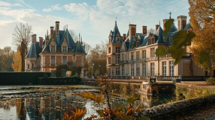 Obraz premium A picturesque castle with a serene pond in the foreground. Ideal for travel brochures or fantasy book covers