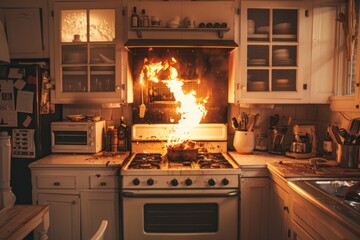 A burning stove in a kitchen with white cabinets. Ideal for home improvement projects