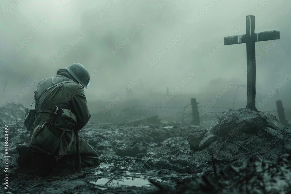 Poster a man kneeling in front of a cross on a hill. suitable for religious themes