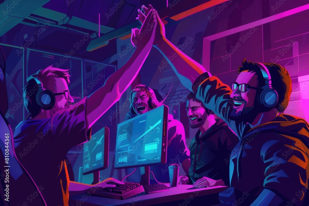 Poster group of people gathered around a computer, suitable for business or technology concepts