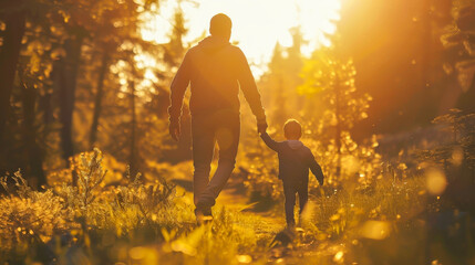 A man and a child are walking through a forest