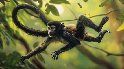 Agile spider monkey swinging effortlessly through the jungle canopy, its long limbs and prehensile tail allowing it to move with remarkable speed and agility.