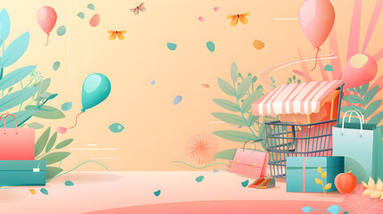 Colorful boxing gift and cart  surrounded by balloons, candles, confetti, and gifts