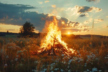 Bonfire in meadow with wildflowers at sunset. Summer Solstice Day, Midsummer, Litha, Ivan Kupala celebration. Slavic pagan holiday. Wiccan ritual, witchcore aesthetics