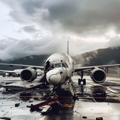 Naklejka premium Airlines plane hits parked aircraft at airport and is destroyed