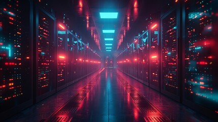 Fototapeta premium A high-tech data center, with rows of glowing servers: The Synergy of Data and Compute in Modern Tech Facilities.