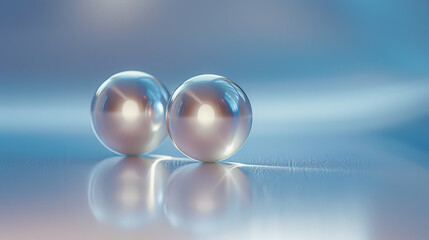Two shiny silver spheres are reflected in a mirror