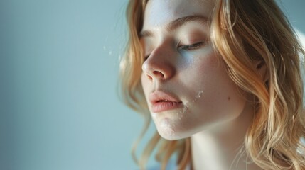 Fototapeta premium A close up of a woman with her eyes closed. Suitable for relaxation or beauty concepts