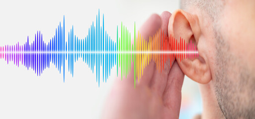 young man ear closeup listening, sound wave, acoustics Auditory System, Hearing Test, Cochlear...
