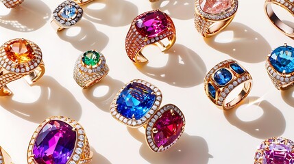Array of vibrant rings displayed against a white backdrop, each one telling its own unique story of style and elegance.